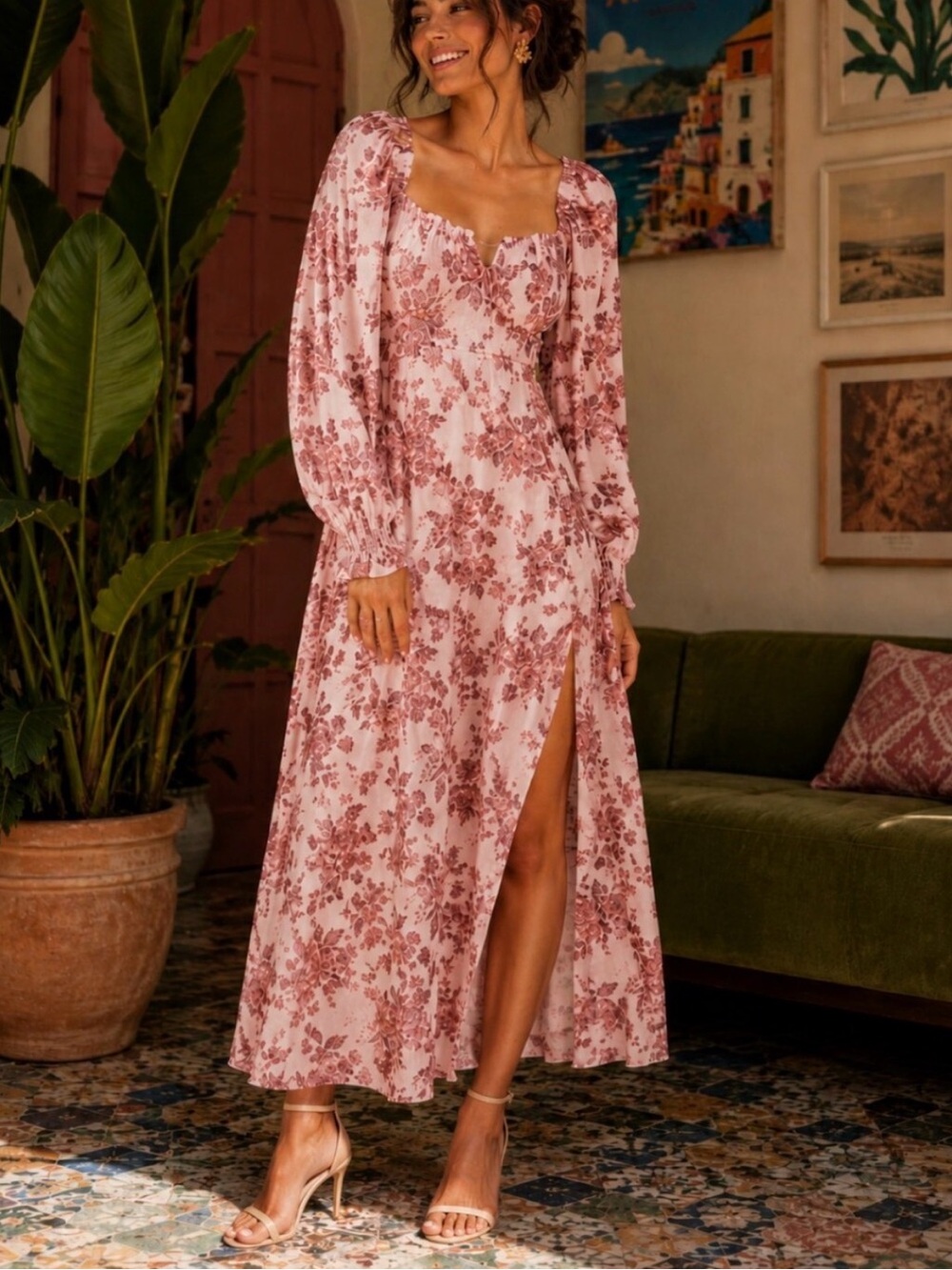 Free People Mauve Pink Floral Long Sleeve Maxi Dress